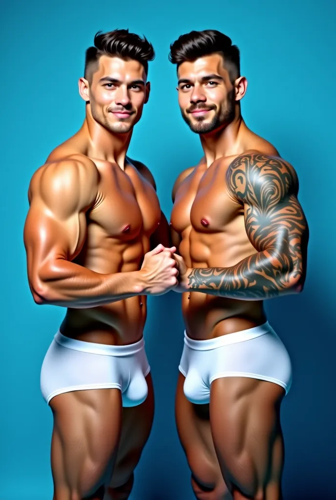 high definition portrait photo face front. two handsome beefy hunk in a male pageant swimsuit photoshoot blue background wearing white briefs erection hard full length dick. Filipino Aussie wavy hair muscular hunk and American tattooed hunk