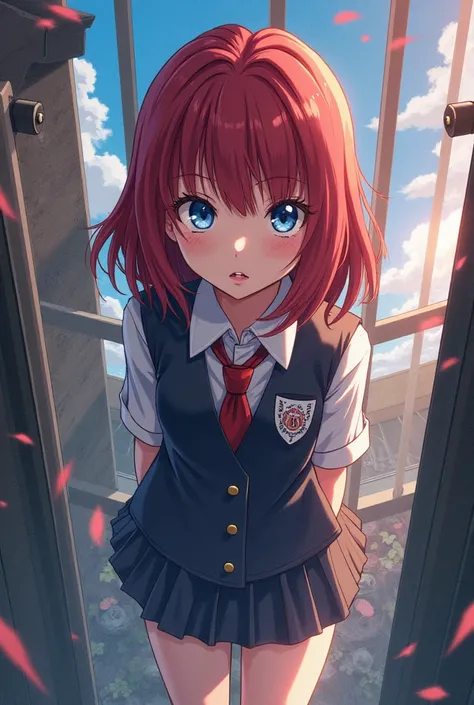 screenshot boku no hero, boku no hero style,  girl, dark red midieum hair, Blue eyes, Boku no hero school uniforme 