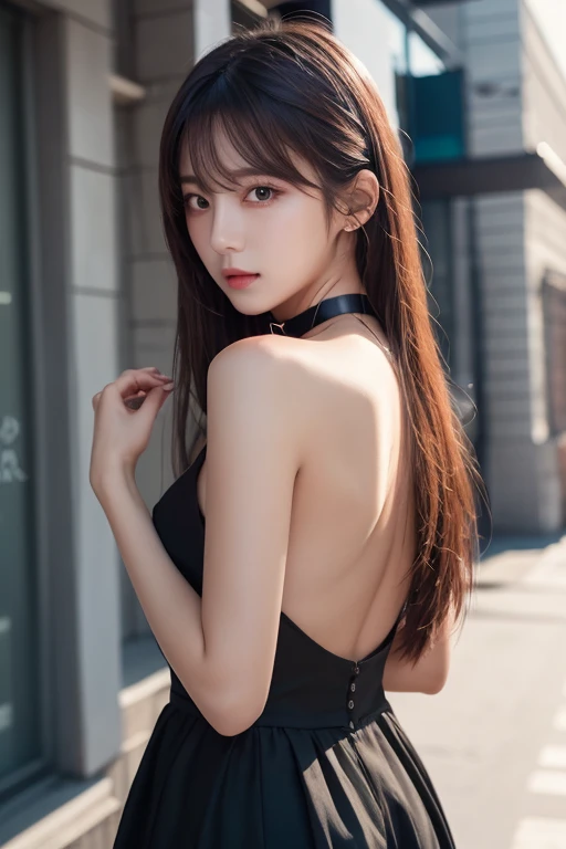  top quality ,  detailed information,  Color Difference,  1 girl,  long hair,  black hair,  messy hair, red highlights,  Hair,  red eyes, Sharp Eye,  choker ,, ,  their four ,  turn my arms around my back , Tie your arms,  