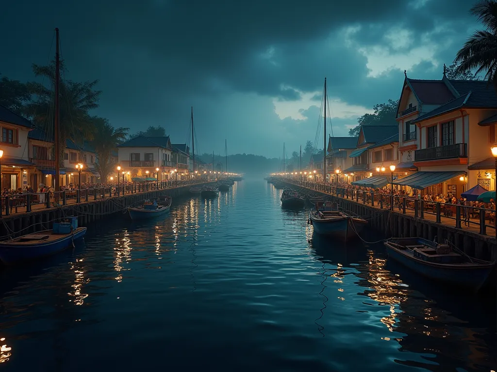 You will act as a creative visual artist specializing in cinematic symbolism. Create an image depicting two distinct harbors, each representing a different country yet linked symbolically by the sea. On the left side, depict a Thai harbor during the nightt...