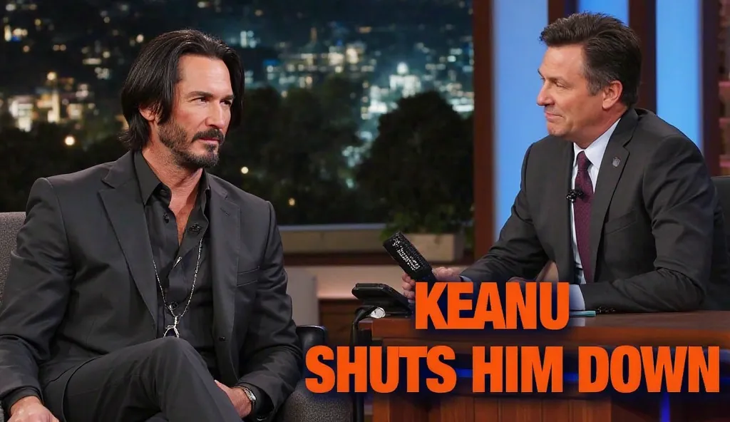 A dramatic talk show scene with Keanu Reeves sitting confidently in a chair, wearing a dark suit with a silver cross necklace visible. He has a calm but powerful expression, exuding quiet confidence. Across from him, a smug TV host (middle-aged man in a su...