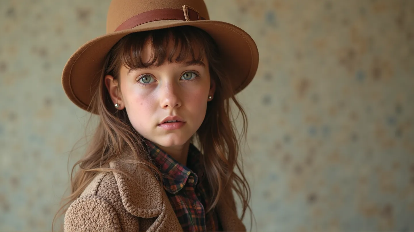 A stylish young girl in old school fashion is captured in a studio photoshoot with an isolated background. Their dynamic pose and expressive features reflect the essence of a professional model. The shot is executed using a high-end DSLR with a 35mm prime ...