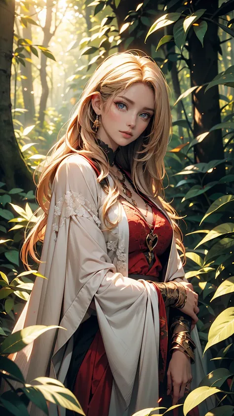 Beautiful girl with long white hair,  white skin, And red eyes, In the woods with cinematic lighting, It&#39;s dark and there&#39;s little light.  She's wearing a golden white dress, Her eyes were focused, is staring at the viewer. Her skin is white, Her f...