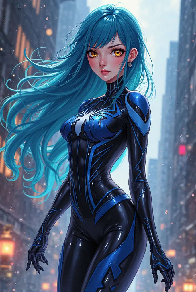 (artwork, maximum quality, best quality,  official art , beautiful and aesthetic:1.2) Anime Female Spiderman,  long blue hair , golden eyes, black and blue clothes, black and blue pants.
