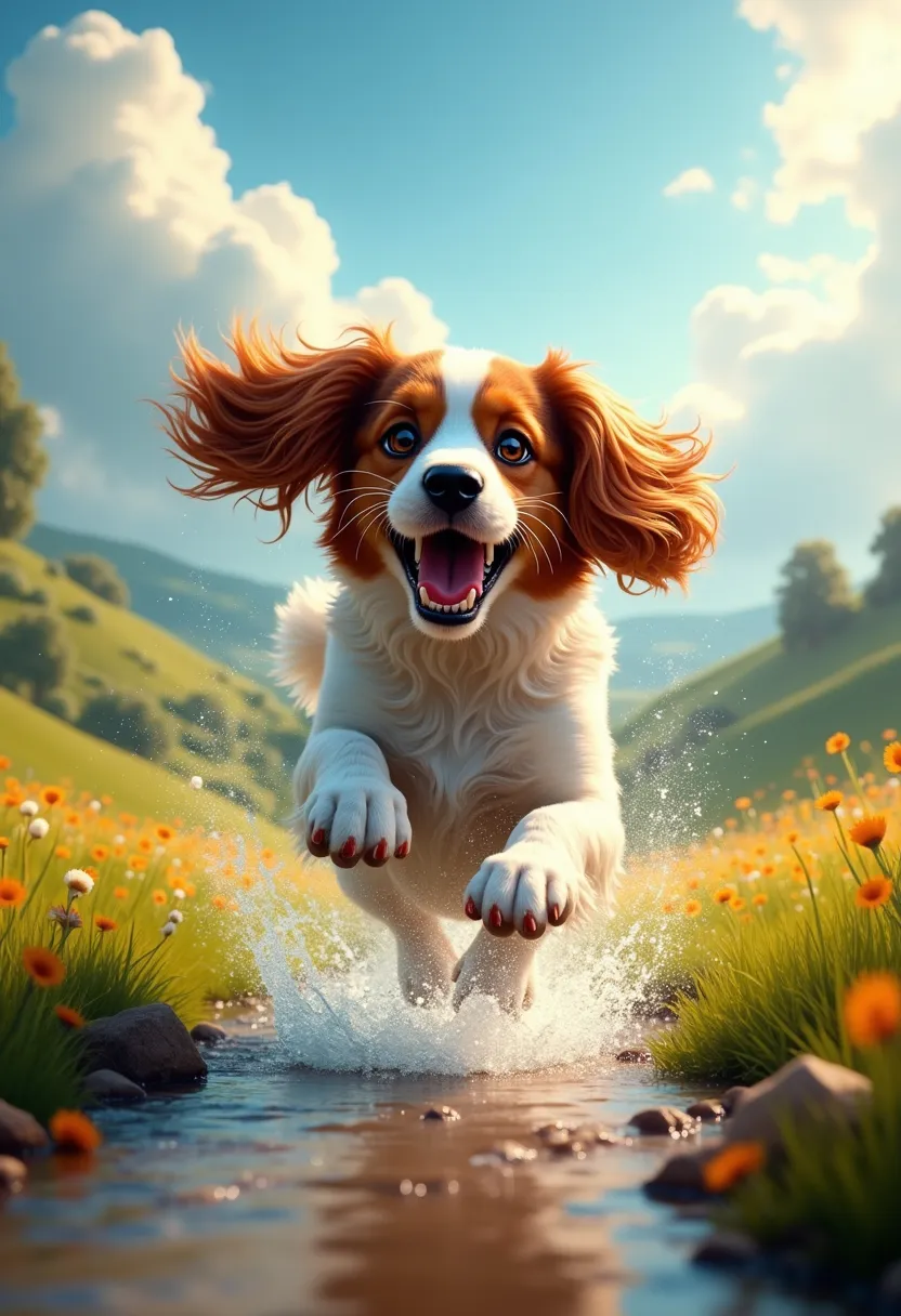 is made in a realistic and vivid style, fuzzy clouds spreading out in the blue sky. dogs are happily jumping through the spray of water drops,  with sharp focus and accurate attention . Surrounded by Soft Light,  natural light,  enhances the bright colors ...