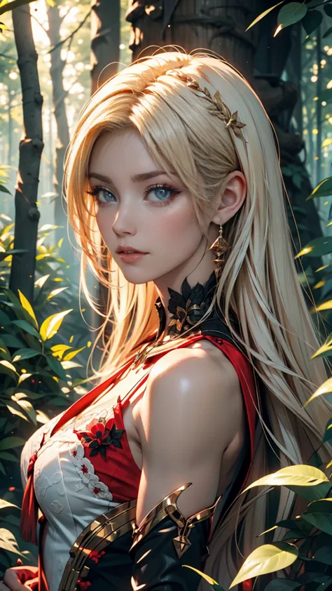 Beautiful girl with long white hair,  white skin, And red eyes, In the woods with cinematic lighting, It&#39;s dark and there&#39;s little light.  She's wearing a golden white dress, Her eyes were focused, is staring at the viewer. Her skin is white, Her f...