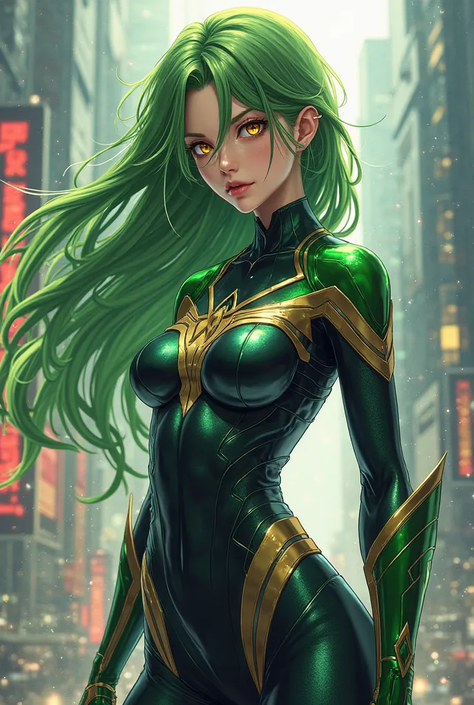 (artwork, maximum quality, best quality,  official art , beautiful and aesthetic:1.2) Anime Female Spiderman, long green hair, golden eyes, black and green clothes, black and green pants.
