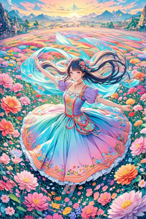 anime　Ultra-detailed, absolute resolution, a masterpiece.
Beautiful woman dancing in a colorful pastel-colored Hanfu.
Wide-angle aerial background of a flower field.
Wonderland world view.
A fusion of watercolor, acrylic and collage, conceptual installatio...