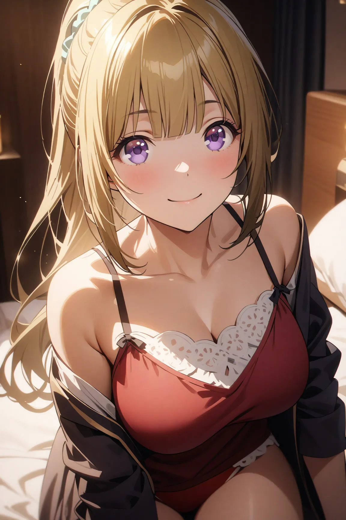 kei karuizawa, a girl with long hair, bangs, blunt bangs, purple eyes, blonde hair, hair ornament, ponytail, scrunchie,large breasts, alone in a hotel room at night iyokozuwari. She’s clearly wearing a tops with  red underwear beneath, her clothes are dish...