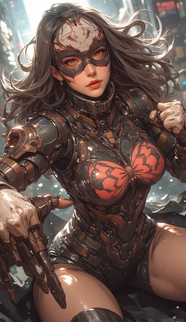 Action scene ,8k, Masterpiece, Top Quality,((full body, asian)),perfect body, pale white skin, glossy red lips, evil seductive smile, defined smart brown eyes, she got thick long white and brown silky curly wavy hair, Symbiote mechs fighter suit with high ...