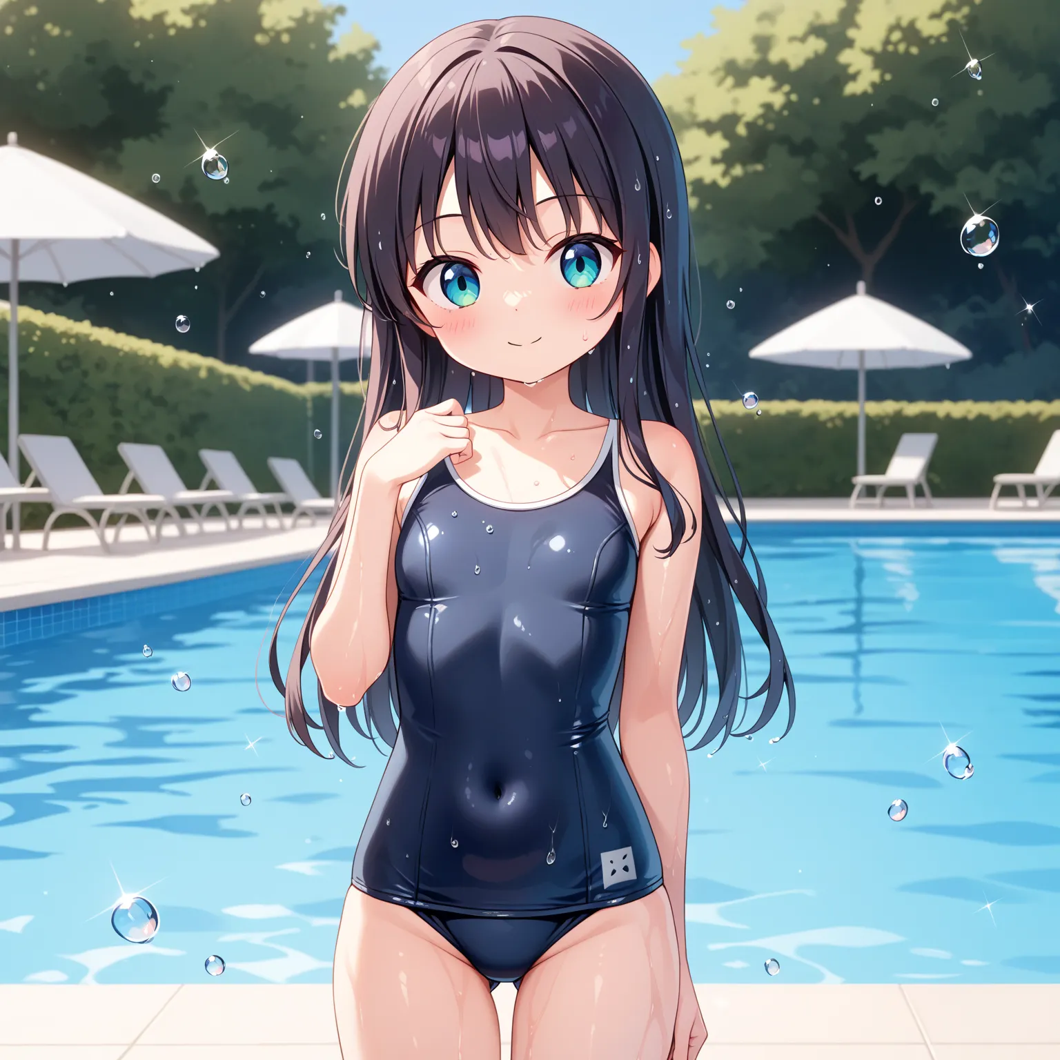 {best quality}, {very aesthetic}, {ultra-detailed}, {best illustration}, {masterpiece}, {detailed beautiful eyes}, {extremely detailed}, nsfw, cute female ,shiny black old school swimsuit, wet, water drops, poolside:1.4), , , (loli, little, ultra cute kawa...