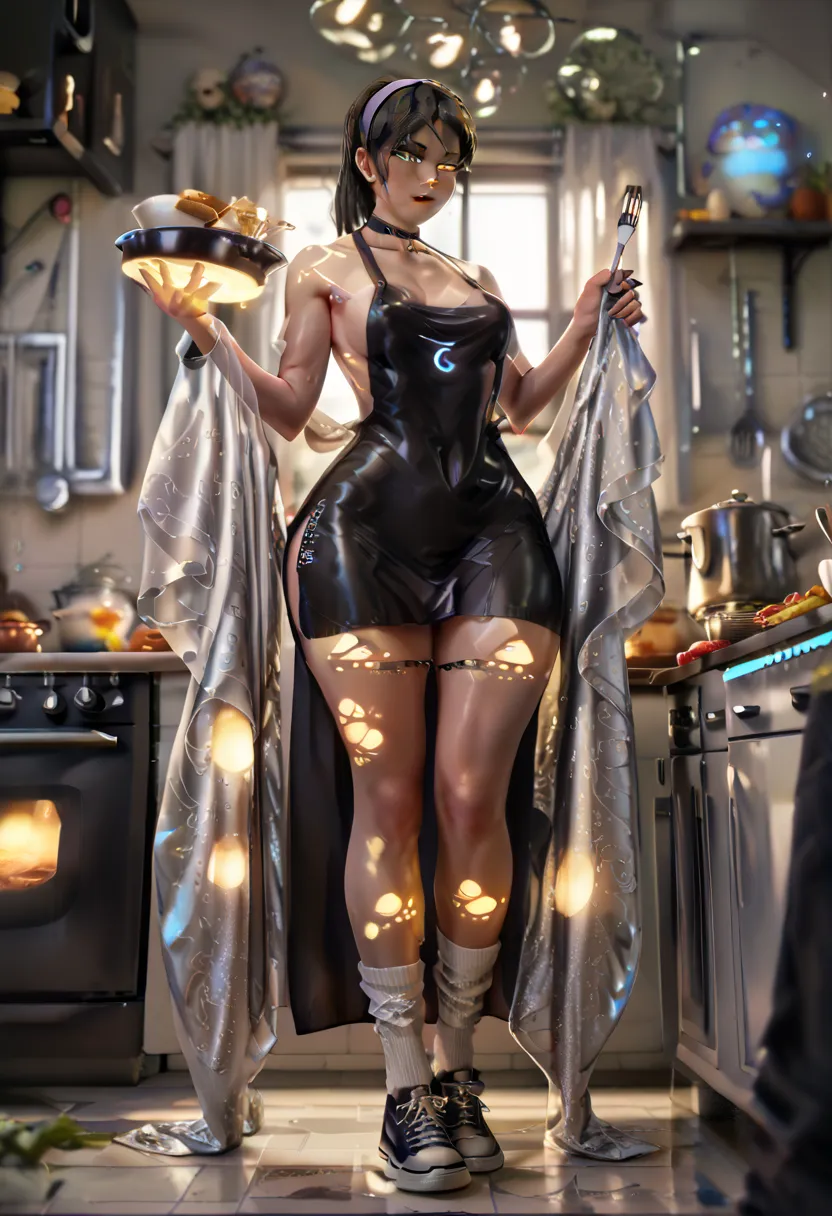 woman with an athletic body, cooking, in a kitchen,  tall socks, black hair, sling-up dress, cups, short laycabelo ruivo , hair band, ((glowing skin, wide hips, medium breasts,  sneakers)), (((full body view)