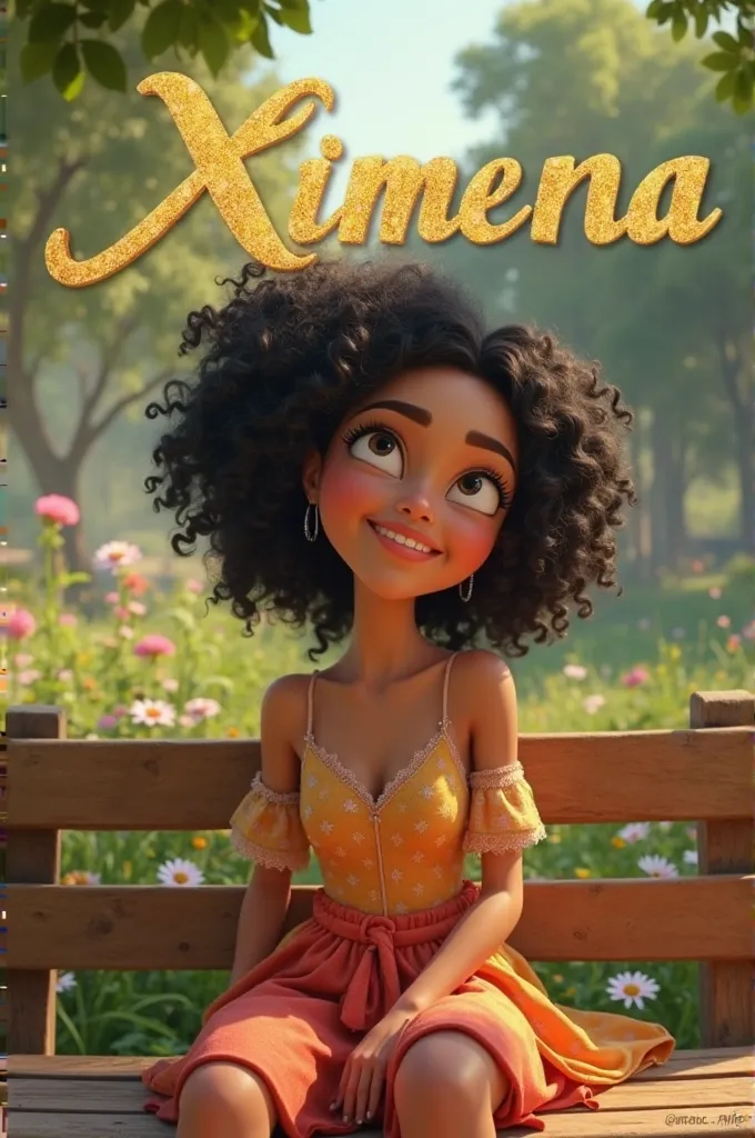 Animated woman with curly black hair sitting on a bench and next to her her name Ximena in large gold letters