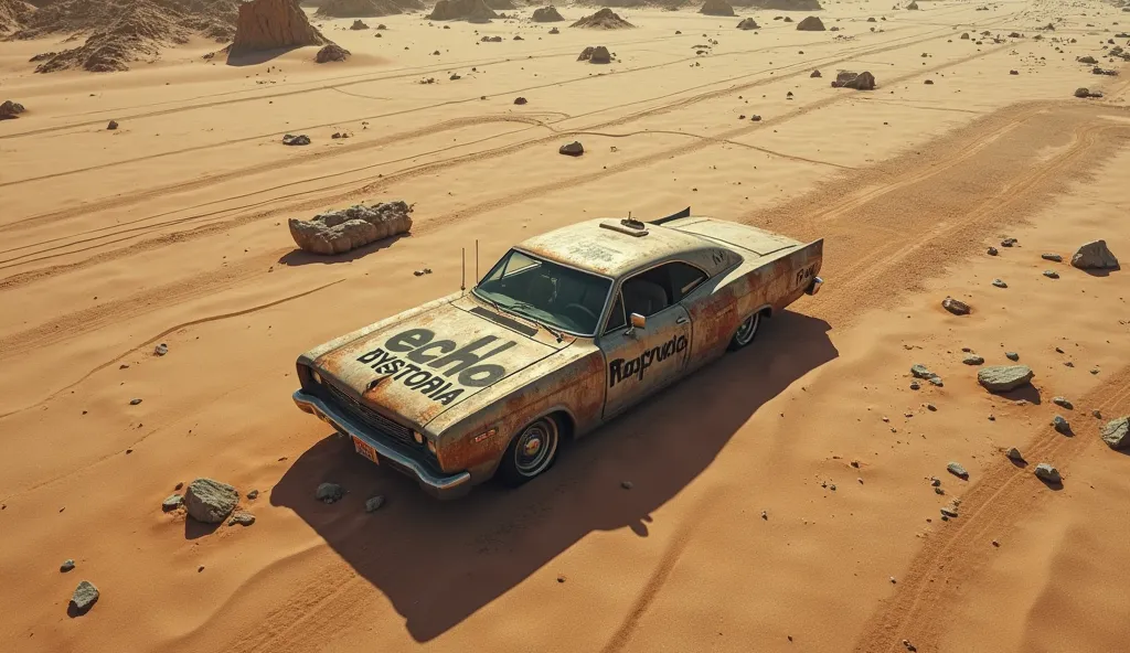 An aerial shot of a car on the road with lines in a desert and above the car say Echo Dystopia with graffiti paint and the aerial shot to show only the top of the car 