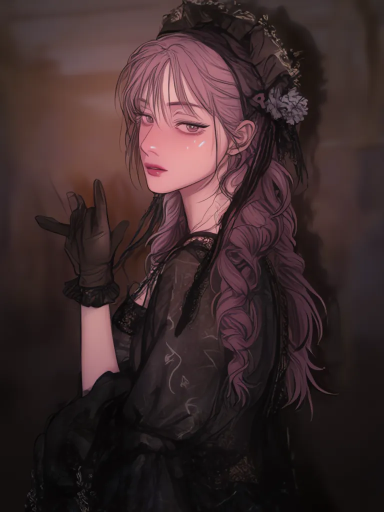 A very beautiful and handsome woman, wearing a black vintage dress looking at viewer, her hair is very short mullet haircut and has the color purple, her eyes are so expensive and sharp yet tired, wearing black dress gloves, purple glossy makeup. 