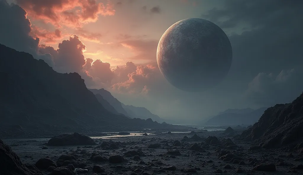 "A desolate, dark planet with a thick, cloudy atmosphere. Rays of light begin to break through the clouds, revealing the rocky, volcanic surface. There are no signs of life, only a sense of vastness and expectation. A sky with reddish and blueish tones hig...