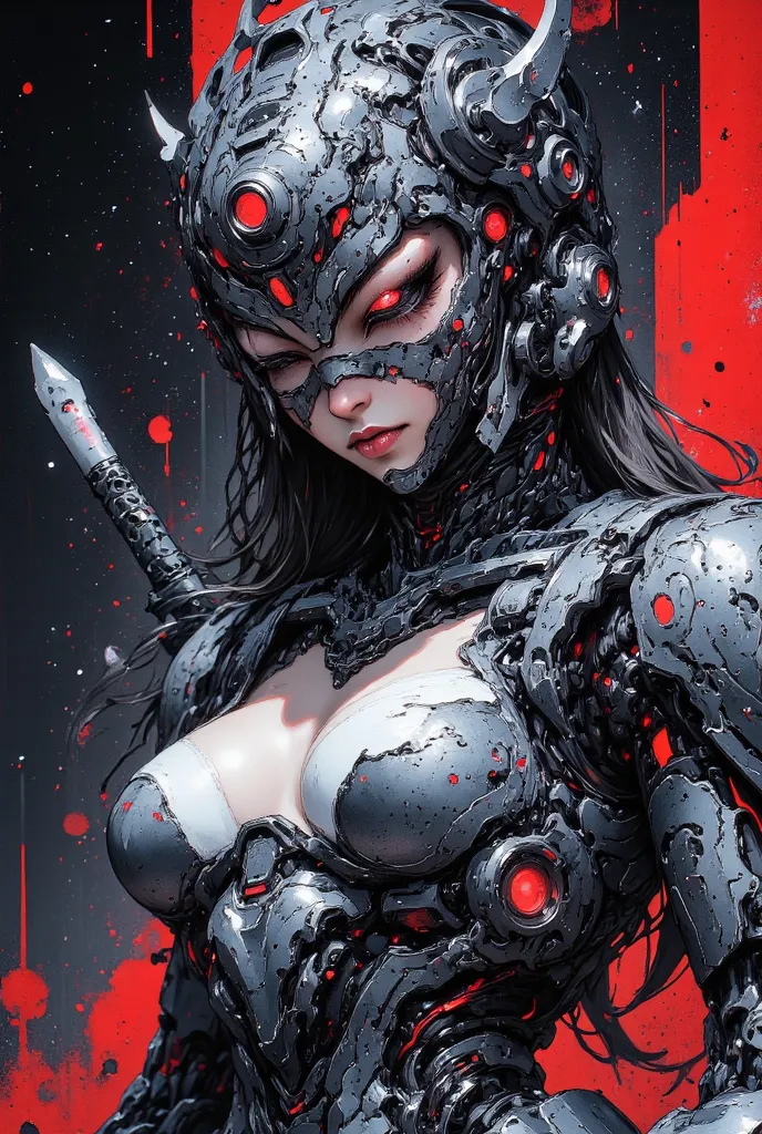 masterpiece，Best Quality，Amazing Quality，32K，Super detailed，1 girl，cybrorg，Humanoid，Face Covered Face Cover，Long Samurai Knife，Futuristic Design，Weight loss，Humanized creature，Steel and Chrome，Carbon Armor，clothing，clothing，Composite Armor，Armored Connecti...