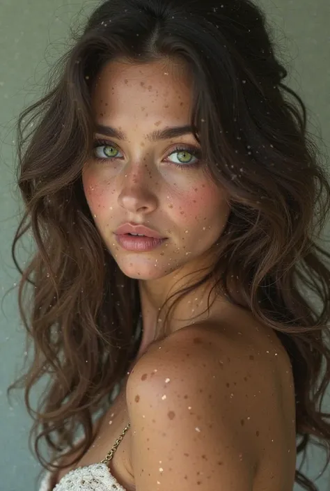 A brunette woman with green eyes and long curly hair 
