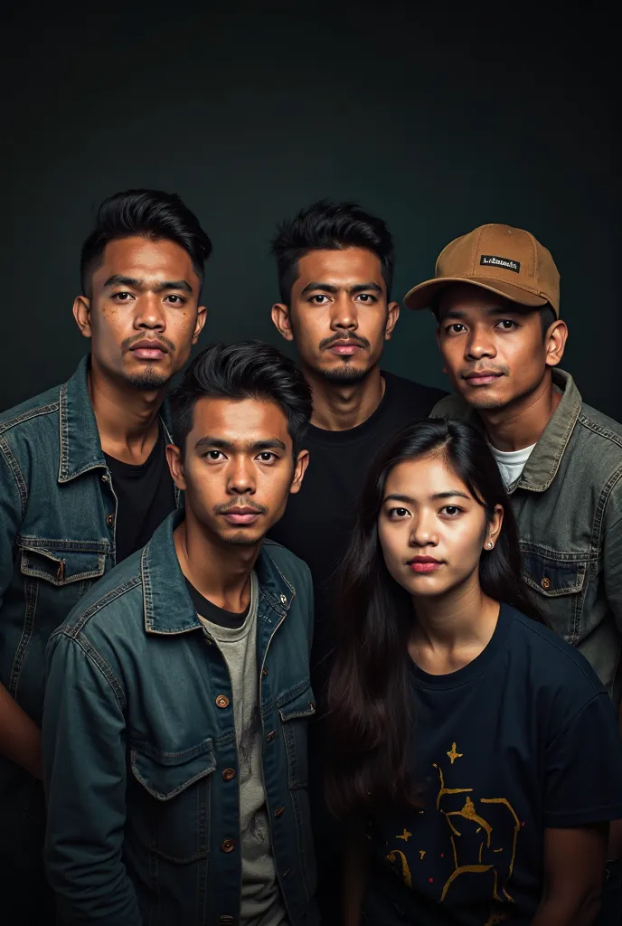 indonesian band group photo,in close up,5 men,dark background,