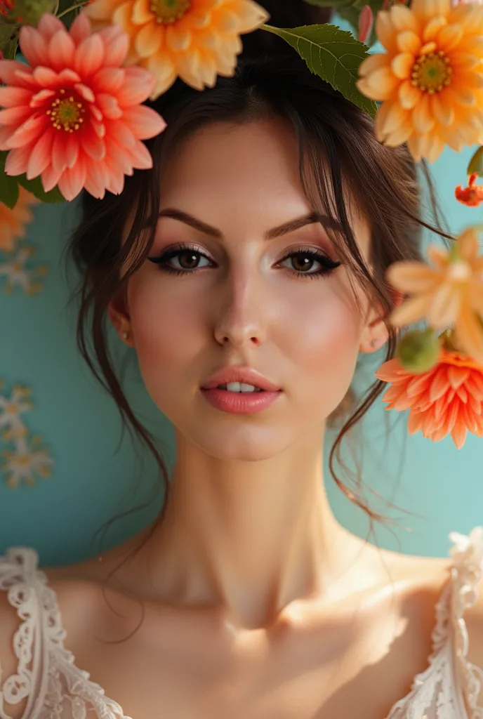 Take the face with the photo , and create a picture with a girl and flowers