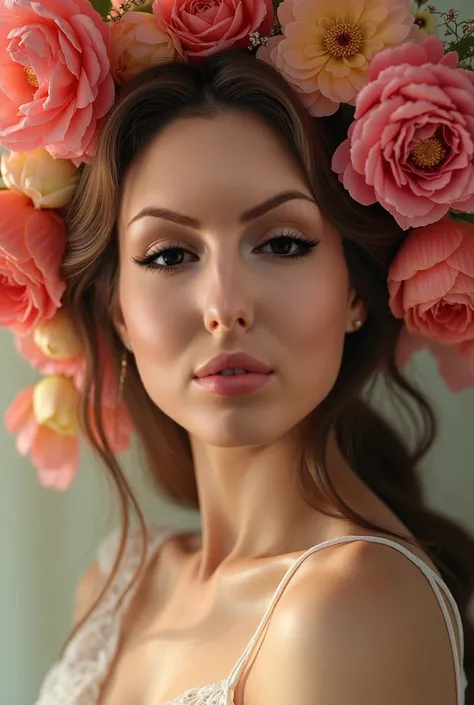 Take the face with the photo , and create a picture with a girl and flowers