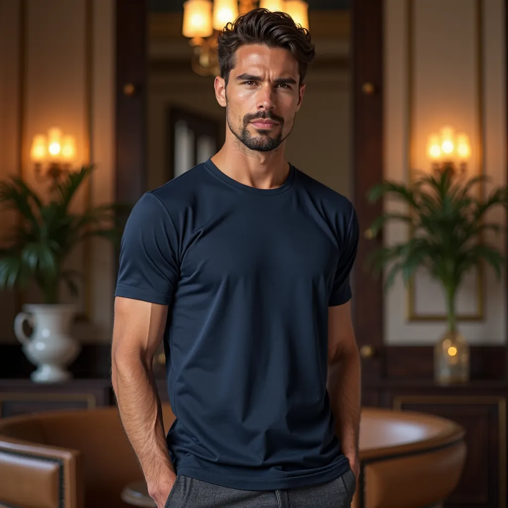 Create an ultra-realistic full-body image of a male model in a luxurious setting. The model is wearing a navy blue Egyptian cotton t-shirt. He is standing tall, looking directly at the camera with confidence and elegance, conveying sophistication and style...