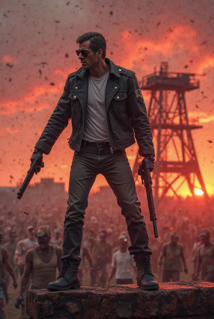 a man,  wearing leather jacket , white t-shirt military diver and military boots, It will be on top of a rusty car tower, fighting above the car tower against a horde of hungry zombies with a reddish twilight sky 