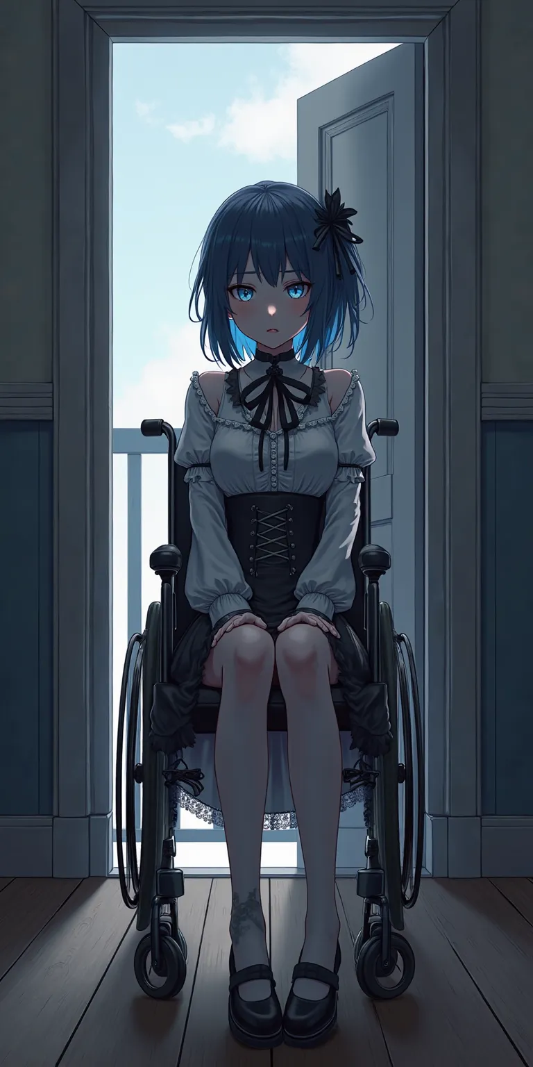 A slender young woman with shoulder length dark blue hair, blue eyes, fair skin, wearing a Gothic Lolita outfit, sitting in a wheelchair beside an open apartment door, anxious expression, in full view in a highly detailed anime style