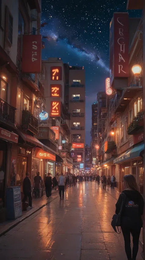 Lower view of the street of San Francisco city at night with the sky full of stars, ton de roxo e azul, 8k hyper realistic