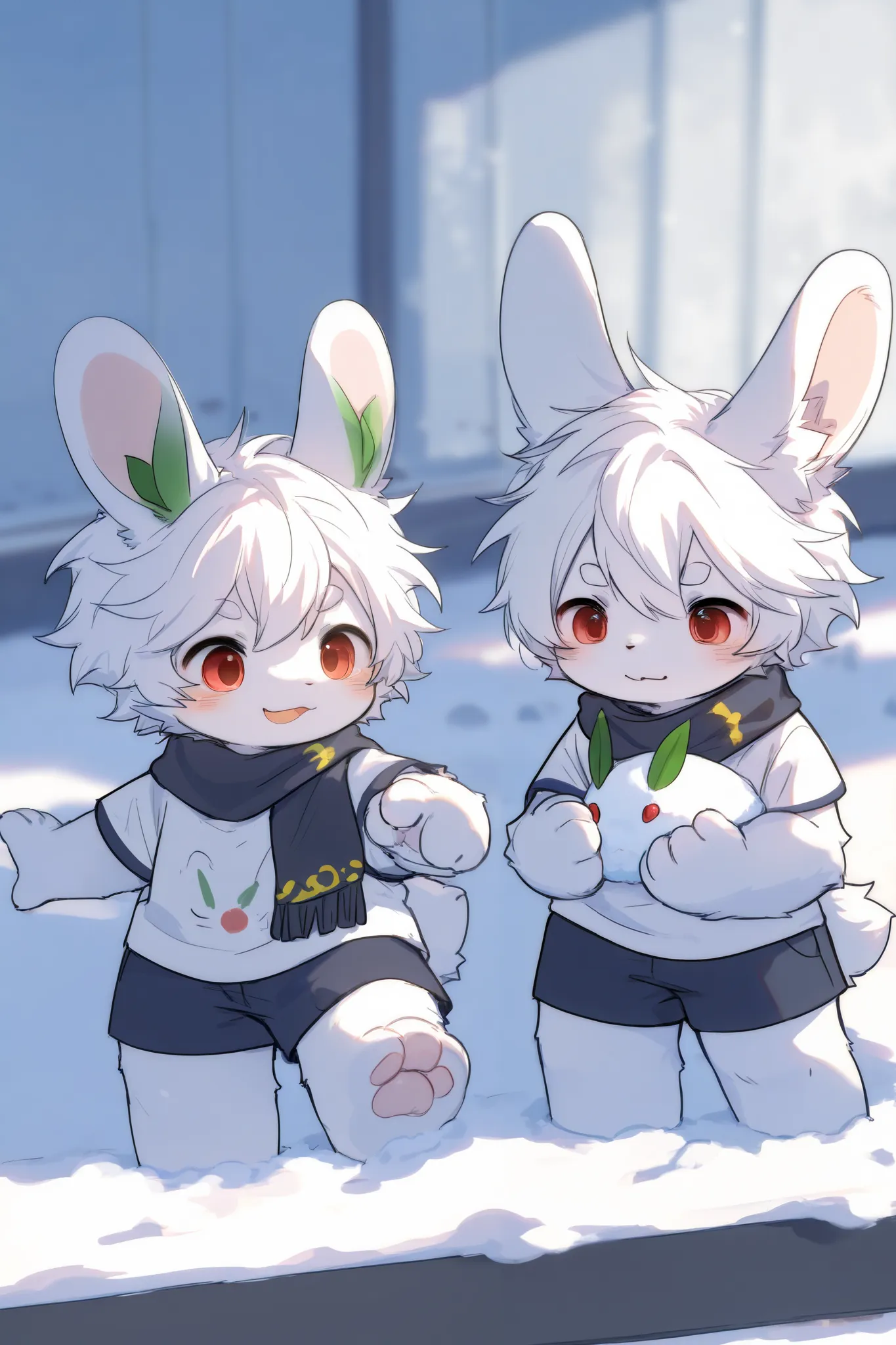 snow rabbit boy，furry boy， toddlers， white hair ，scarf，Shorts and short sleeves，high-school student
