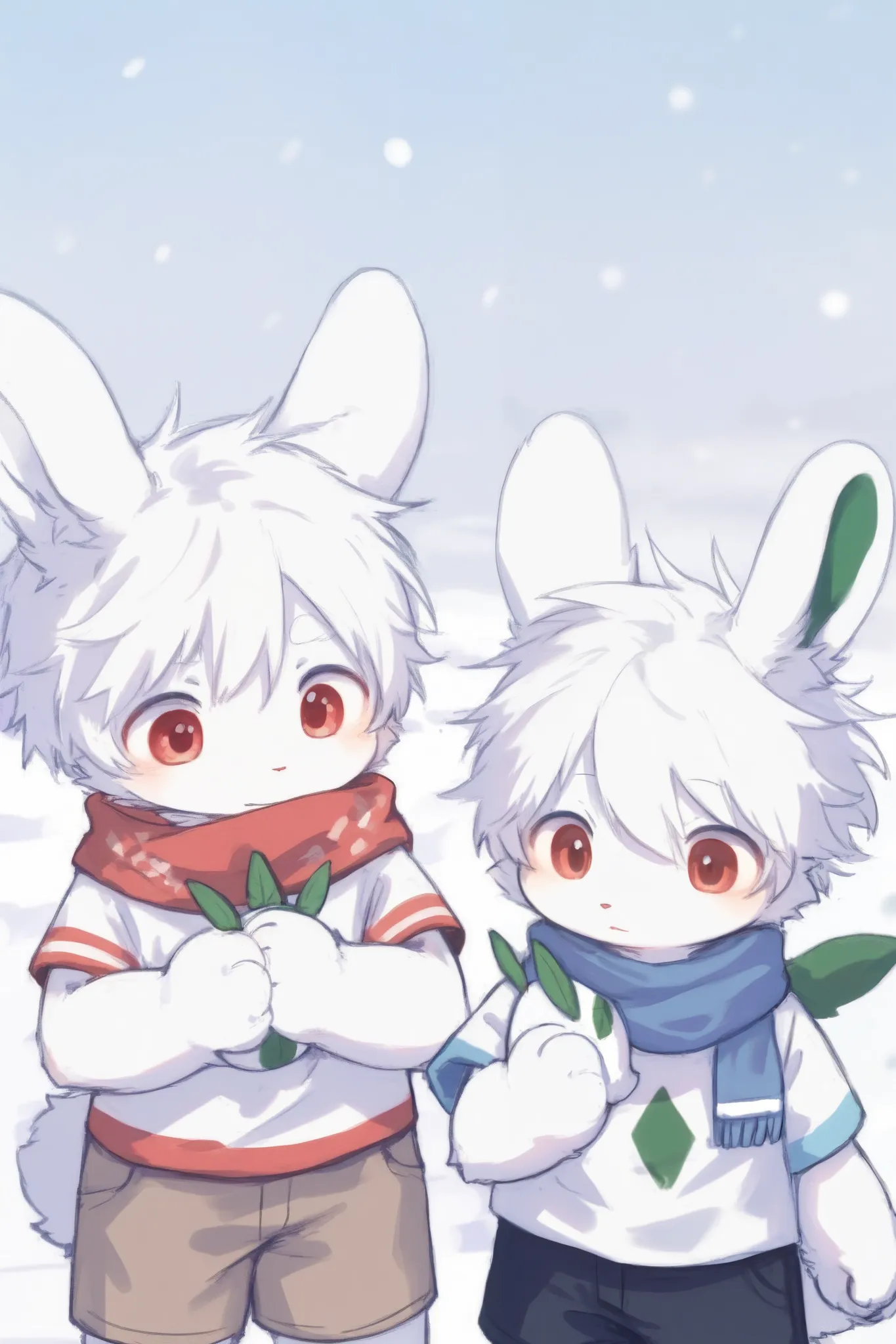 snow rabbit boy，furry boy， toddlers， white hair ，scarf，Shorts and short sleeves，high-school student
