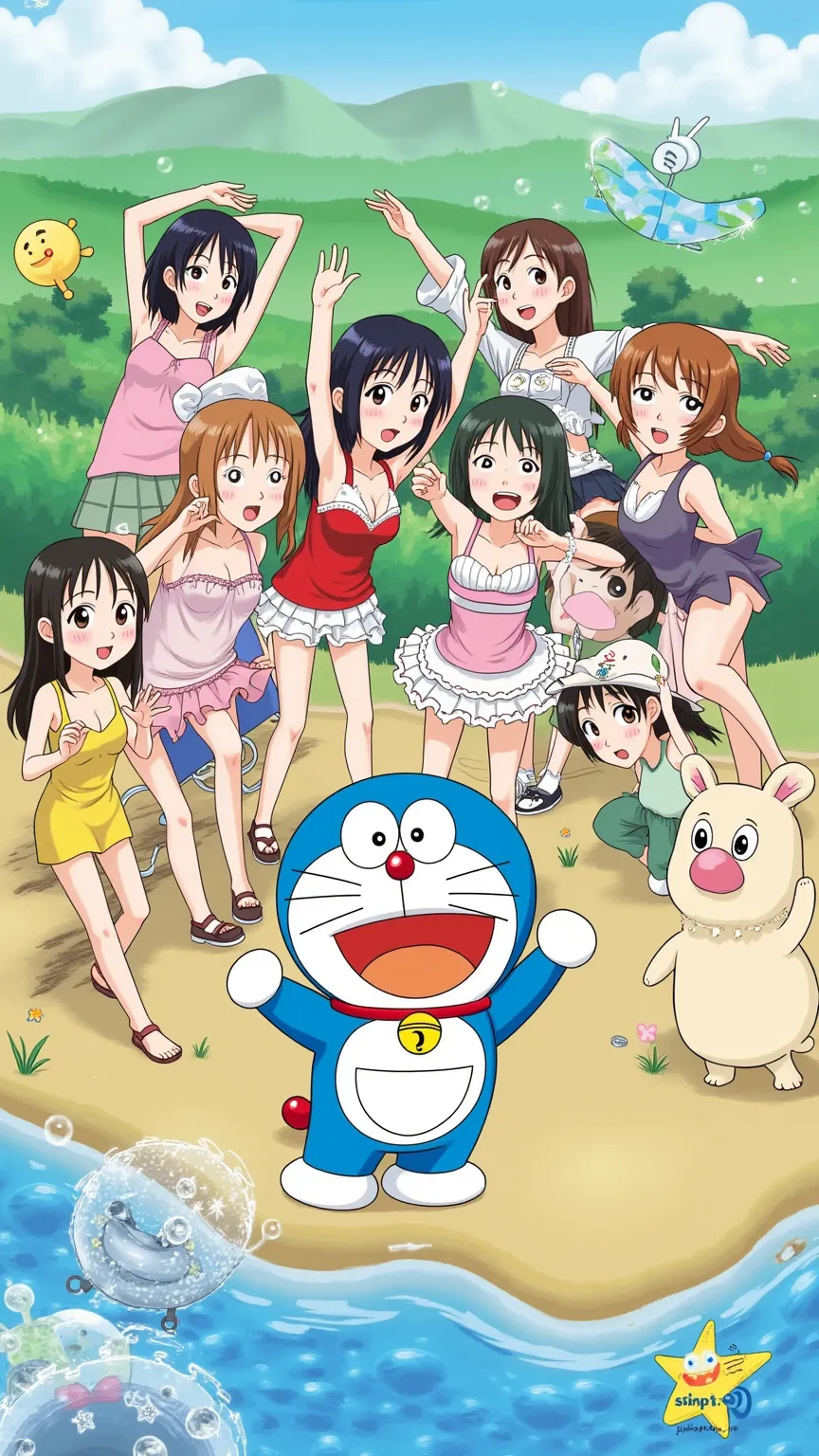 Doraemon and women that look like they were drawn by kindergarteners