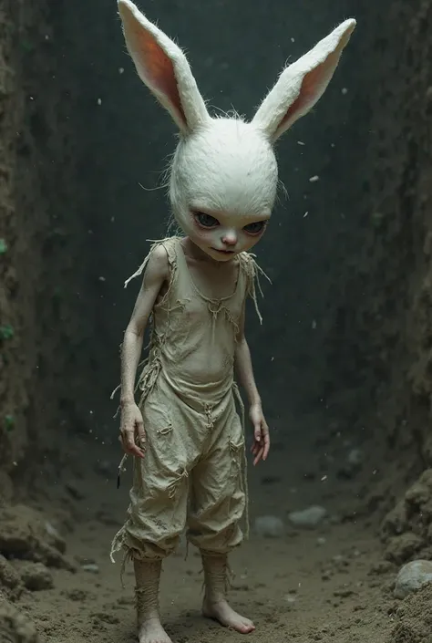 Sad scared little semi-human white rabbit dressed in rags slim female body small breasts female face of a girl in a serrated in a furry style dungeon