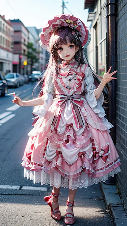  anime style on the face、 beautiful girl、とてもcute天使、 pink gothic dress 、cute、baby face、smile、cute headband、 pink shoes
