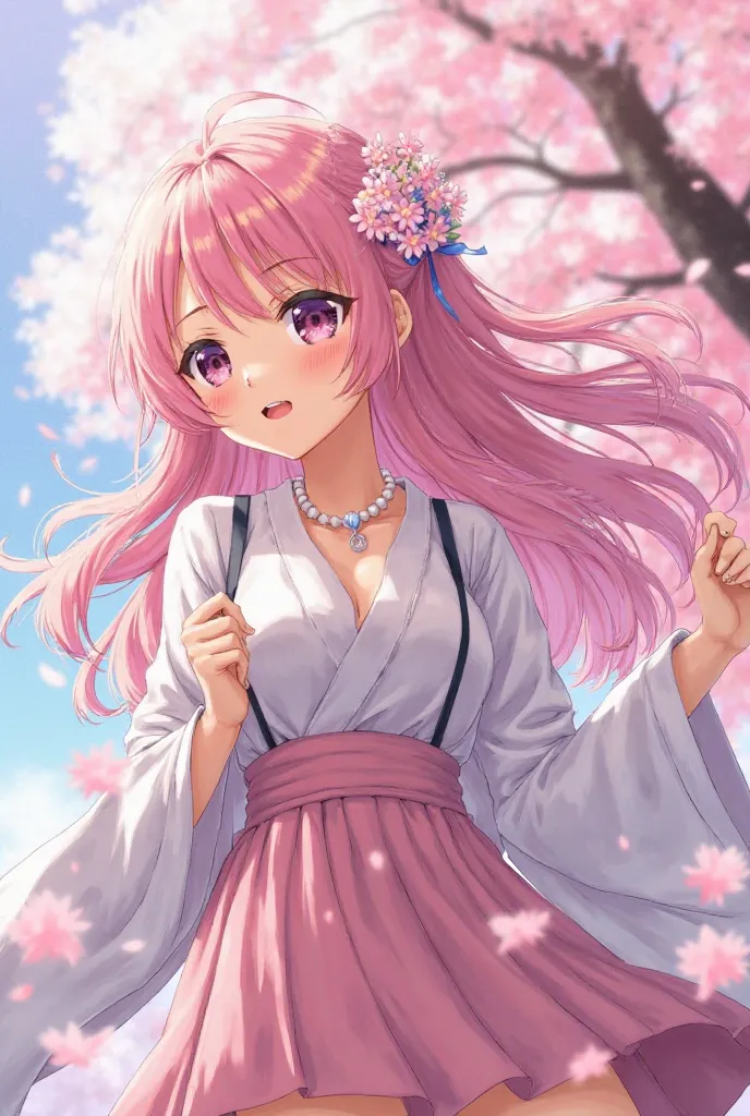  under the cherry blossom tree ，captures Saigyoji Yuyuko at a low angle，Her eyebrows are silky，her long pink hair flutters with the wind。The short kimono highlights her elegance and mystery，White suspenders and wooden clogs add a bit of appeal。Her elegant ...