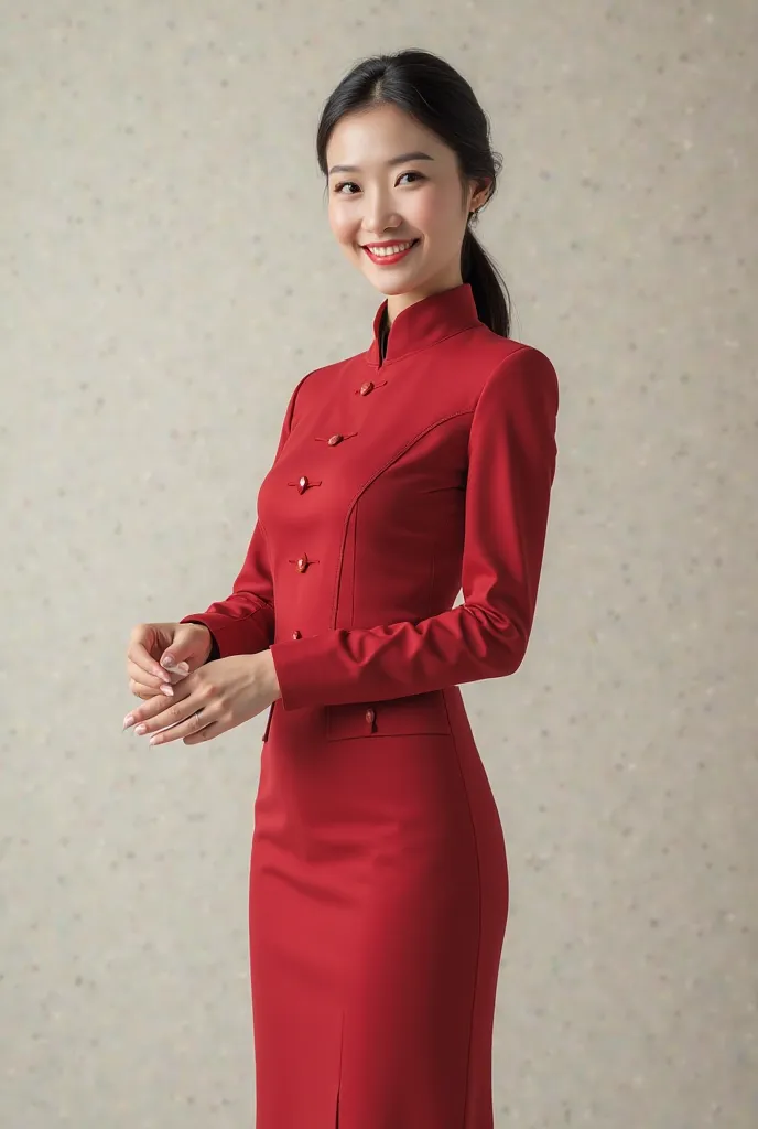 Flight attendant chinese. 35year old. background white. and welcome,