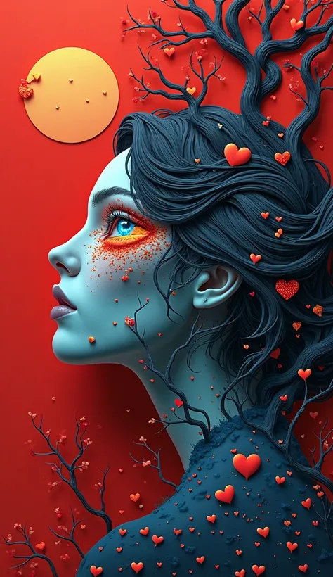 Woman chilling in volcano - surrealist style, surrealist artwrok, dream like, highly detailed, masterpiece, painting-like, HD a surrealistic abstraction of eye combined with hearts forest, paper_cut，(illustration: 1.3), paper art, 3D rendering of, Red back...