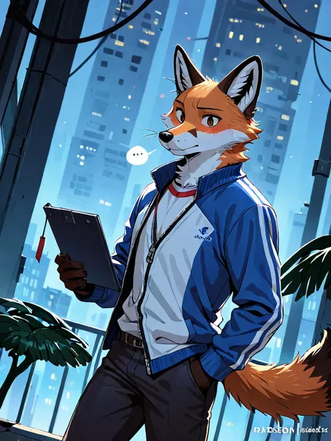 Furry red Fox Male, Wearing a Blue White Jacket