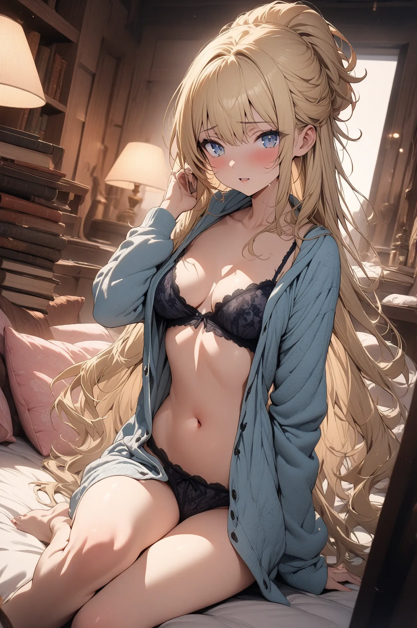 (masterpiece, detailed:1.2), One Girl, Princess, (18-years old), blonde half updo, Medium Breasts, sky blue eyes, seductive, BREAK, Highest quality, Sexy room wear, in her room, cushions, books, at night