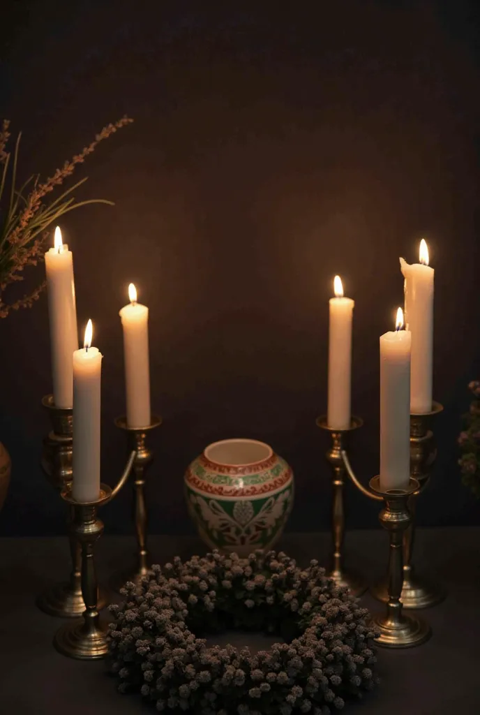 Vertical photograph of white candles burning on candlesticks around a wreath of funerary flowers and a crematory urn