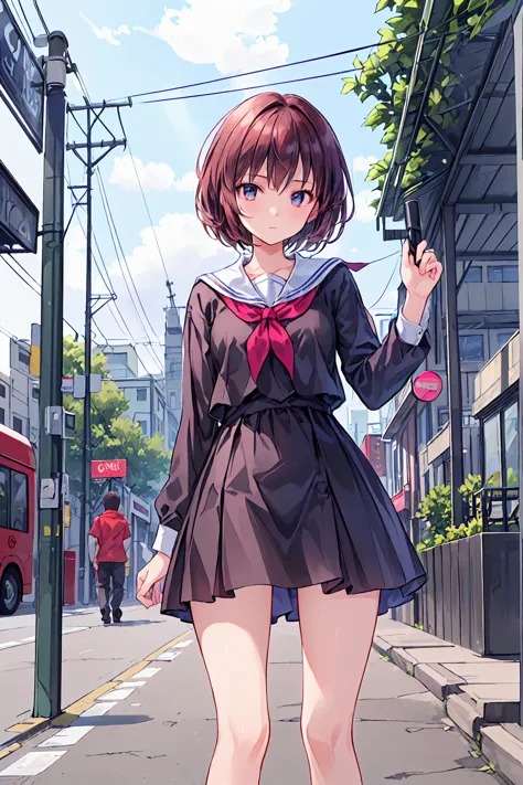 ((anime:1.4, illustration of a woman with a penis )),(masterpiece, TOP QUALITY, best quality),(super detailed, Absolute Determination),((16k, High Resolution)), (((streetcars, Seaside, blue sky, Cumulonimbus)) ((cozy lofi  illustration of a woman with a pe...