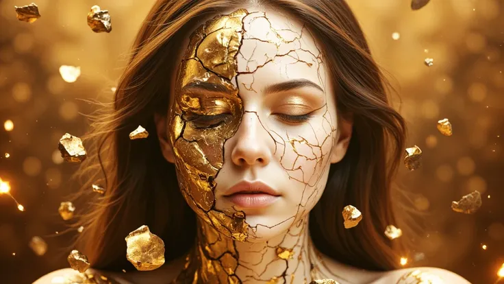 An artistic 3D illustration of a female figure divided into two contrasting halves. The half of his body is fractured ceramic with golden cracks, with fragments floating around them, detailed with realistic textures that evoke an old and restored surface. ...