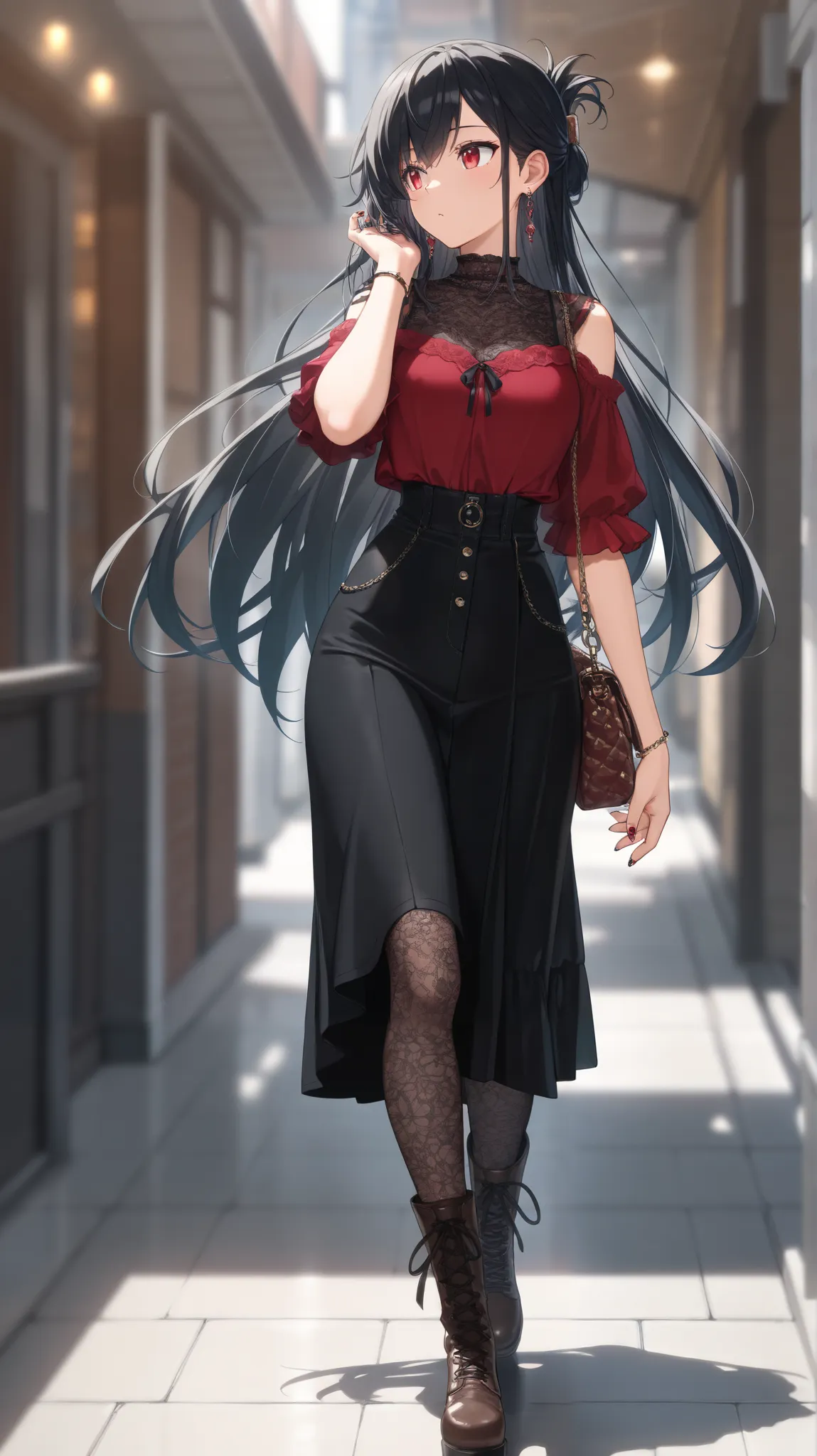  girl,hand in own hair,Red top,Lace patterned chest,plain high waisted jumper skirt,print pantyhose,brown lace-up knen boots, handbag, black hair,very long hair,folded ponytail,earrings,red eyes,nail art,walking,(masterpiece detailed:1.6),Hi-Res, top quali...