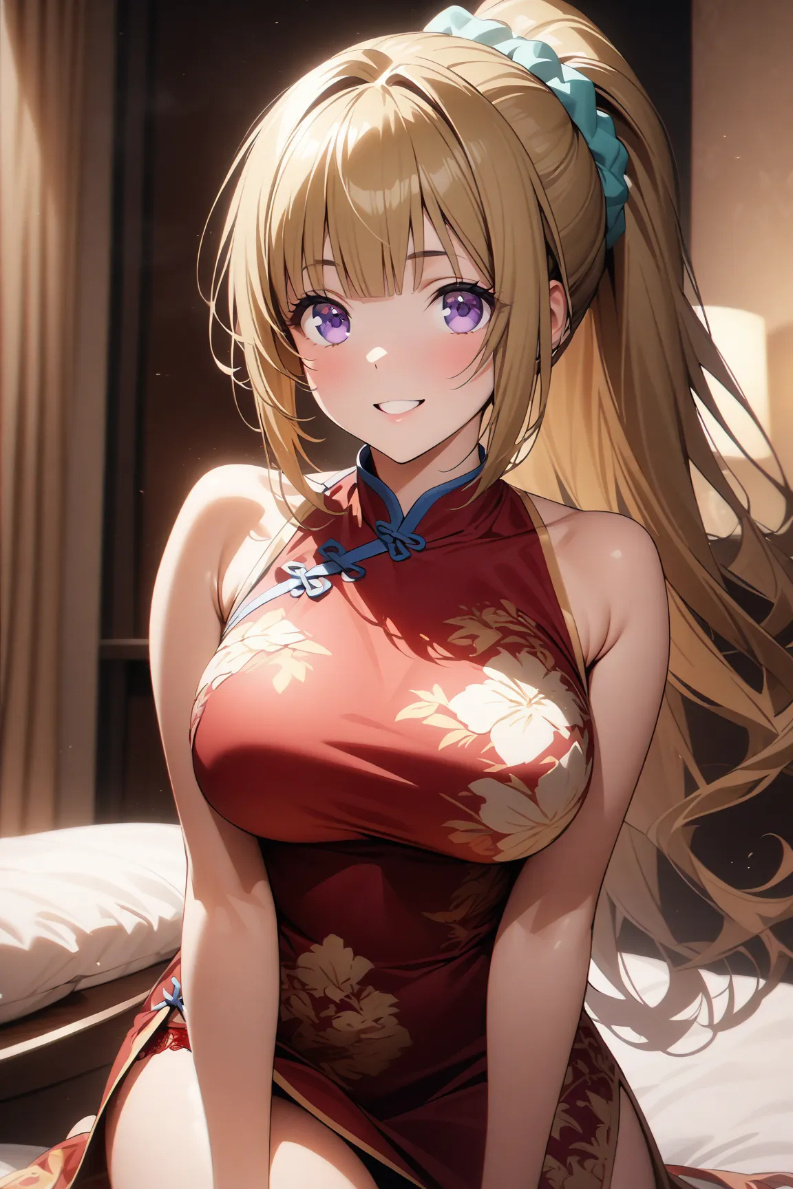 kei karuizawa, a girl with long hair, bangs, blunt bangs, purple eyes, blonde hair, hair ornament, ponytail, scrunchie,large breasts, alone in a hotel room at night iyokozuwari. She’s  a torn china dress with a  red underwear ,,with a cheerful smile. 32K u...