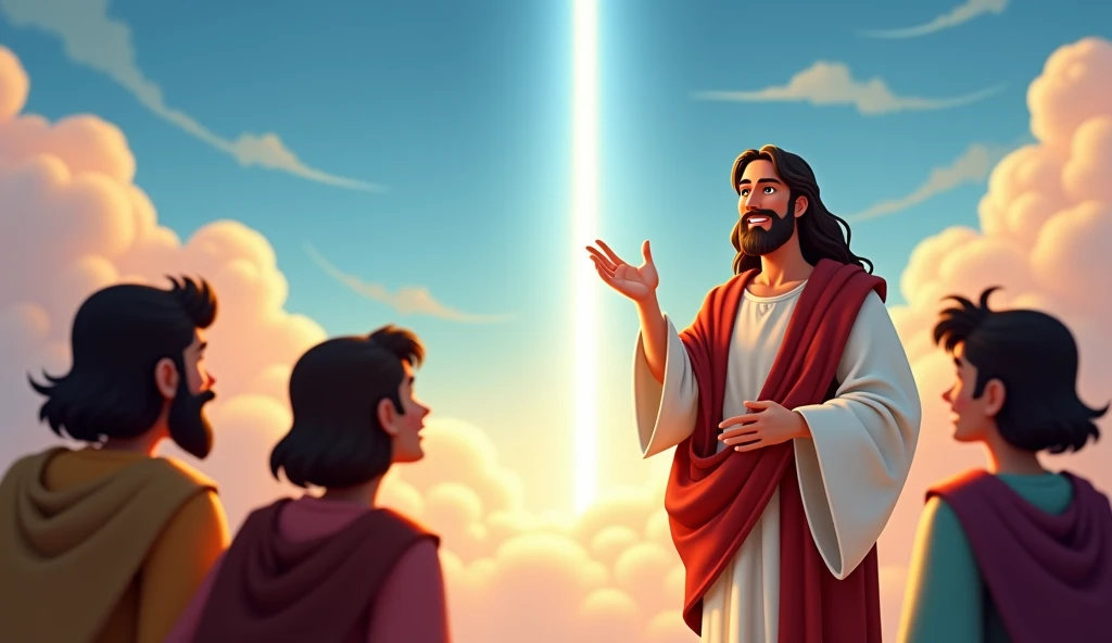 Jesus smiles and explains that, for God ,  anything is possible . The disciples listen with attention and admiration. IN THE SKY,  a soft light shines ,  bringing a sense of hope and peace . Disney/Pixar-style art