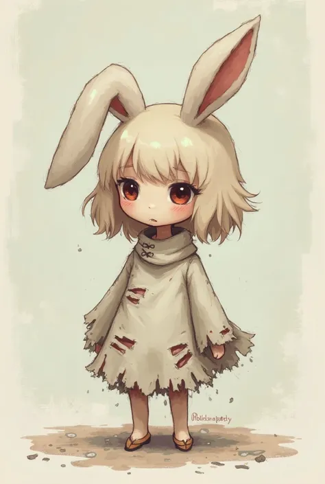 Furry cute little anime-style girl with sad rabbit ears dressed in serrated rags 