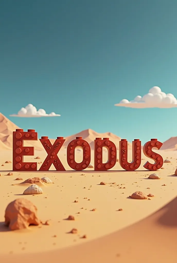 exodus,  in large letters, in the middle of the desert, Lego-like animation 