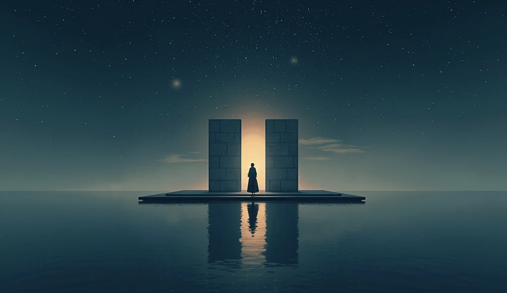 "A minimalist stone temple in the middle of a reflective lake under an endless night sky, with a lone philosopher standing in silence, contemplating the nature of existence."