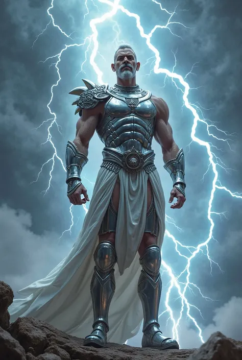 Zues, lightning background, skinny, shinning silver armor, sandal, slightly baldness, moustache