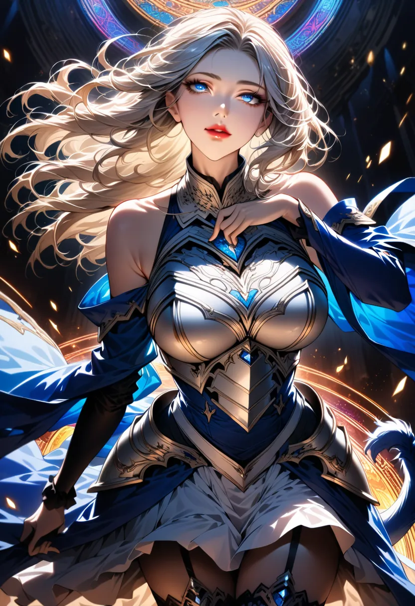 highres, highest quality, illustration, ultra detailed, (detailed face), (detailed eyes), cinematic lighting, best quality, hyper detailed, masterpiece, an adult age woman, solo, long hair, (blue-streaked silver hair), blue eyes, ((long blue color female k...